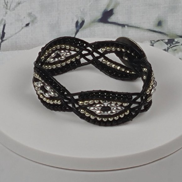 Leather & Bead Bracelet -Black & Silver - Picture 3 of 5